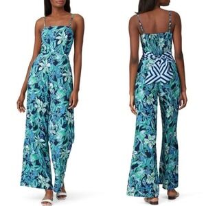 Lilly Pulitzer Nila Jumpsuit 6 High Tide Navy Floral Wide Leg Tie Waist Tropical